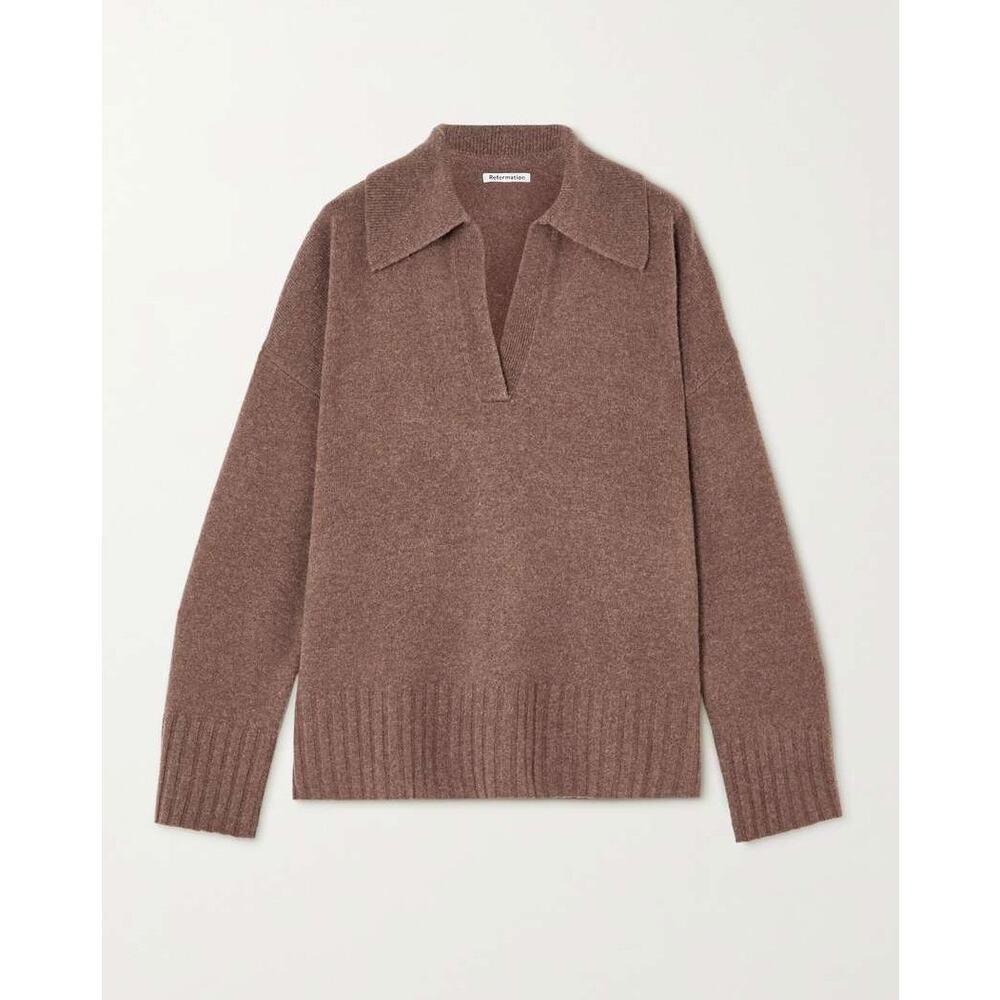 Reformation 100% Wool Brown Otto Oversized Polo Sweater Size S Pullover - Picture 3 of 12